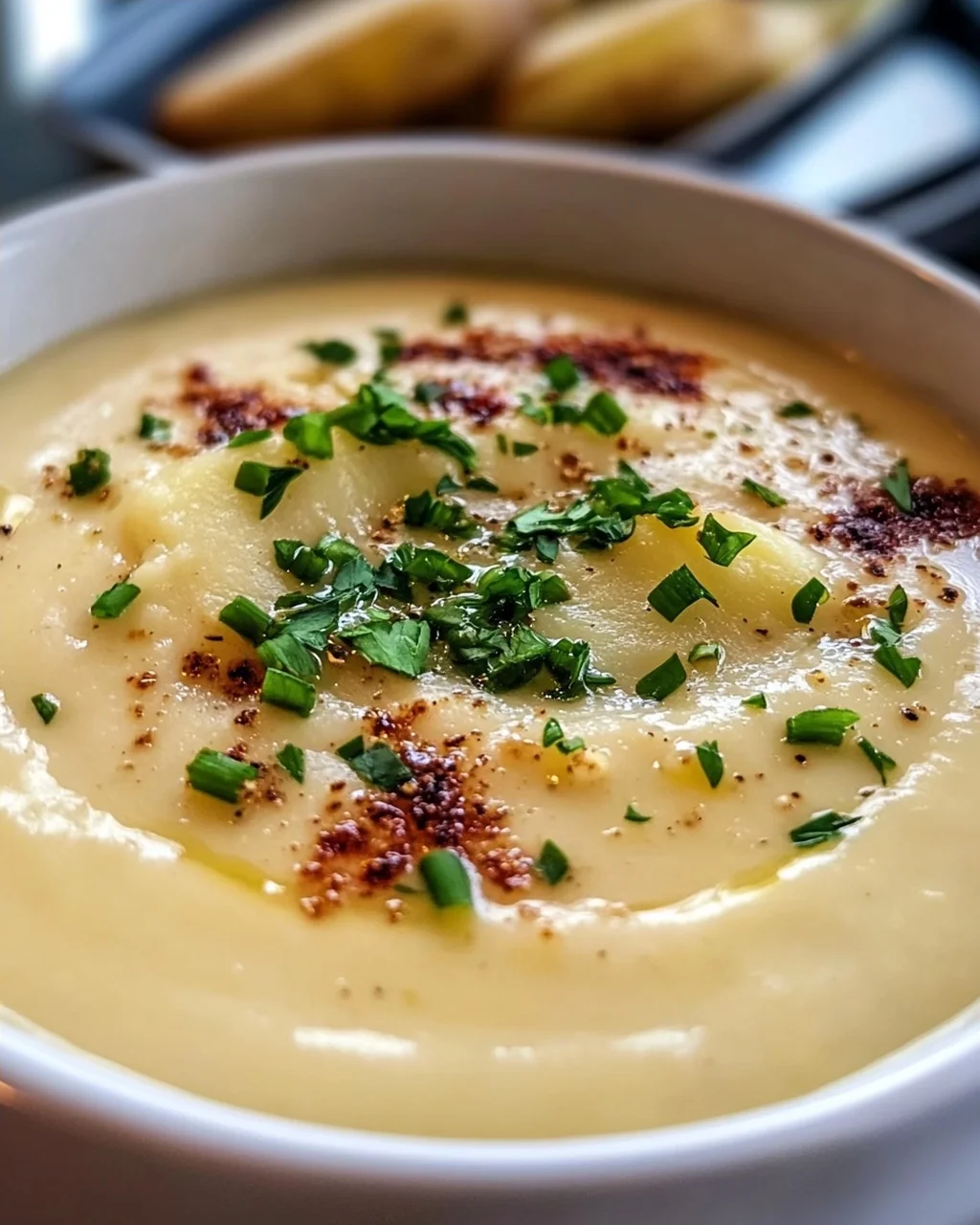 Cremige Kartoffelsuppe mit geröstetem Knoblauch Rezept