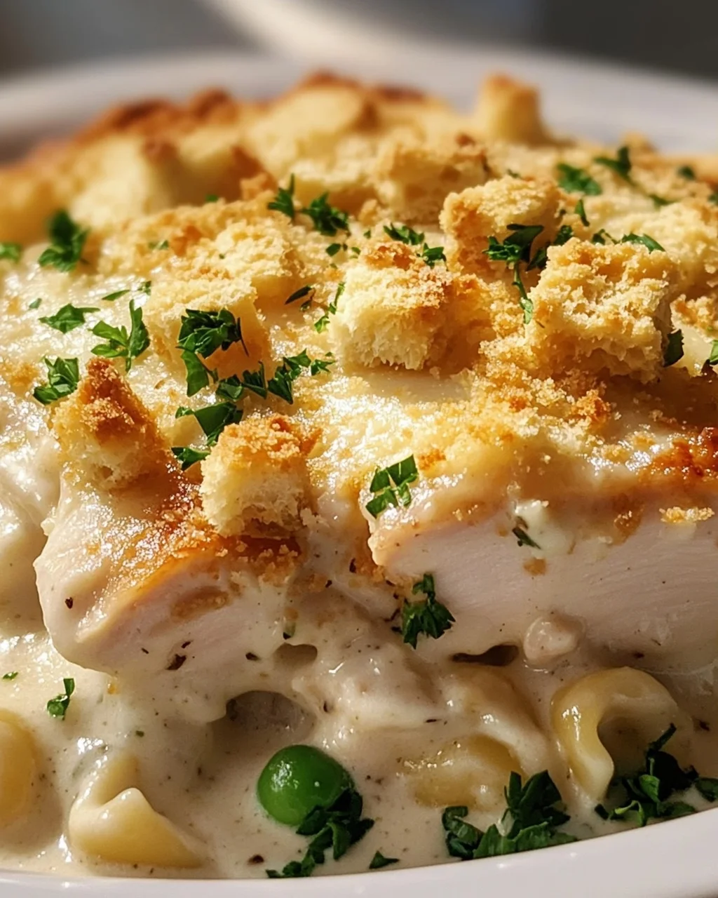 Cremiger Hähnchen Alfredo Auflauf mit buttriger Kruste