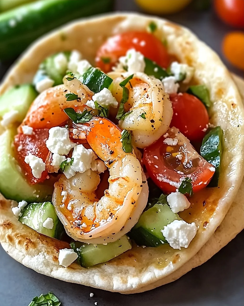 Griechische Salat Pita Taschen mit Garnelen schnell zubereitet