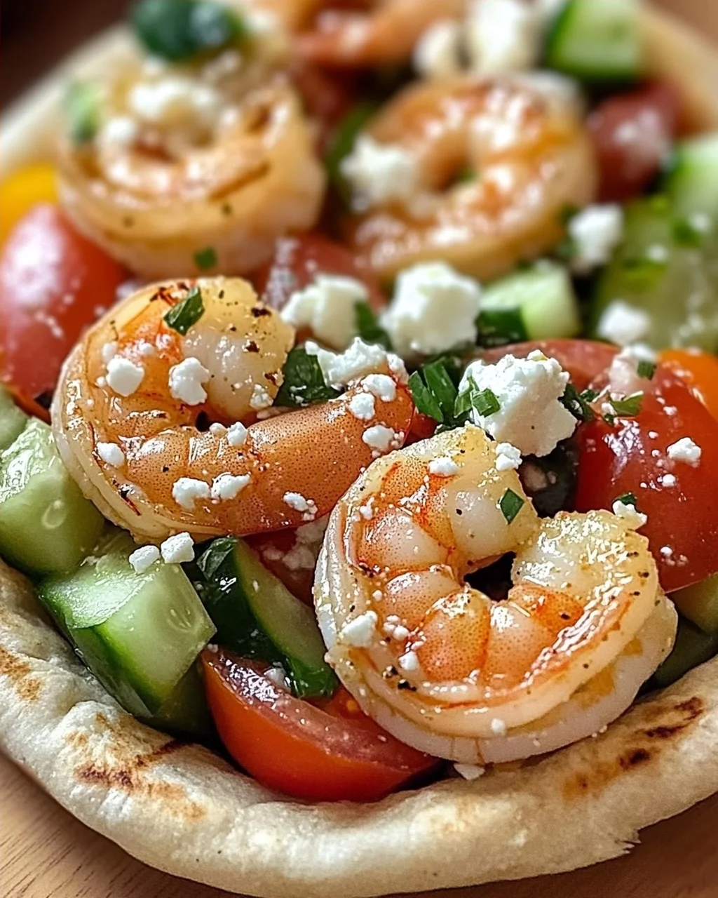 Griechische Salat Pita Taschen mit Garnelen schnell zubereitet