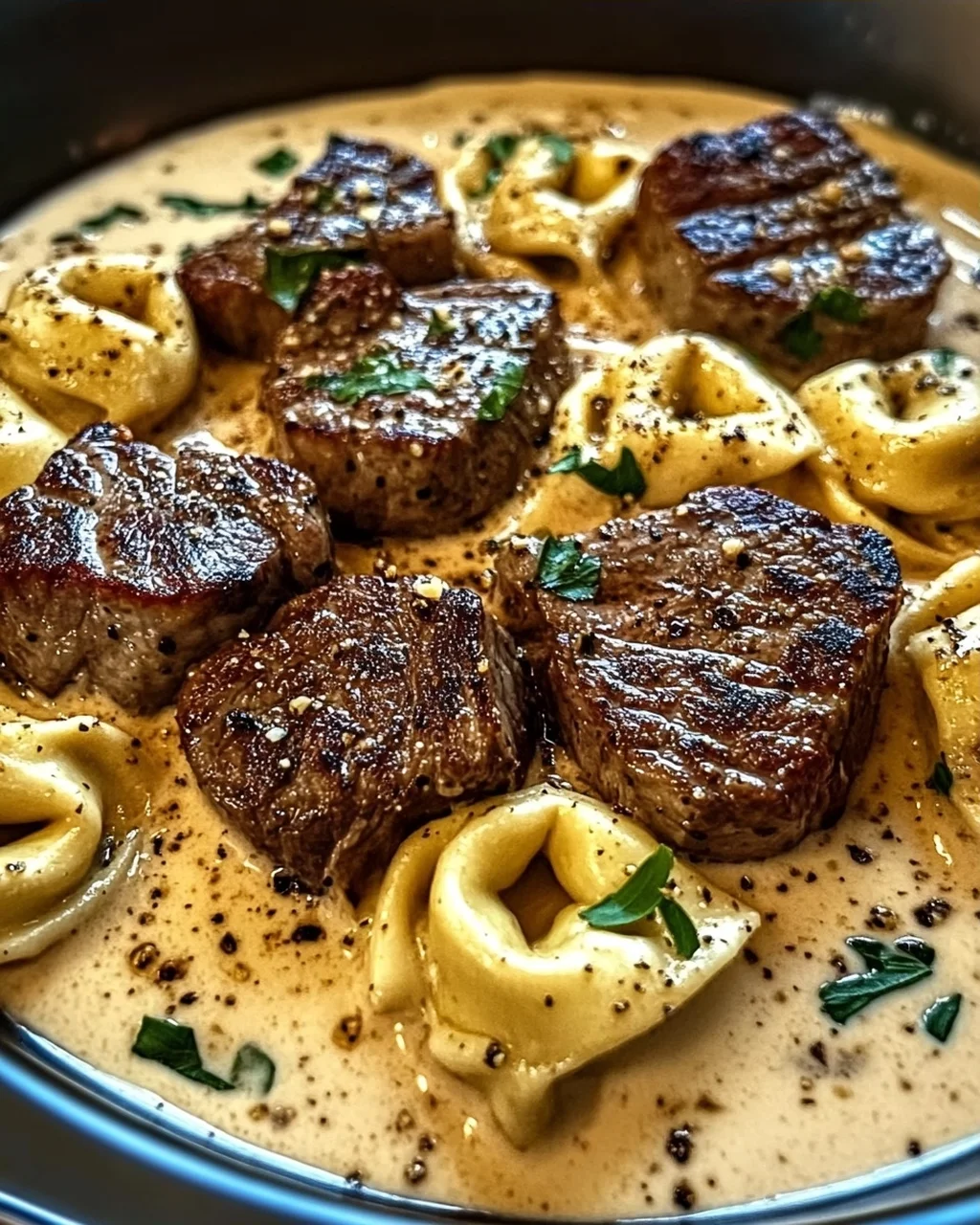 Knoblauchsteak-Tortellini in Sahnehause-Saucen-Glück