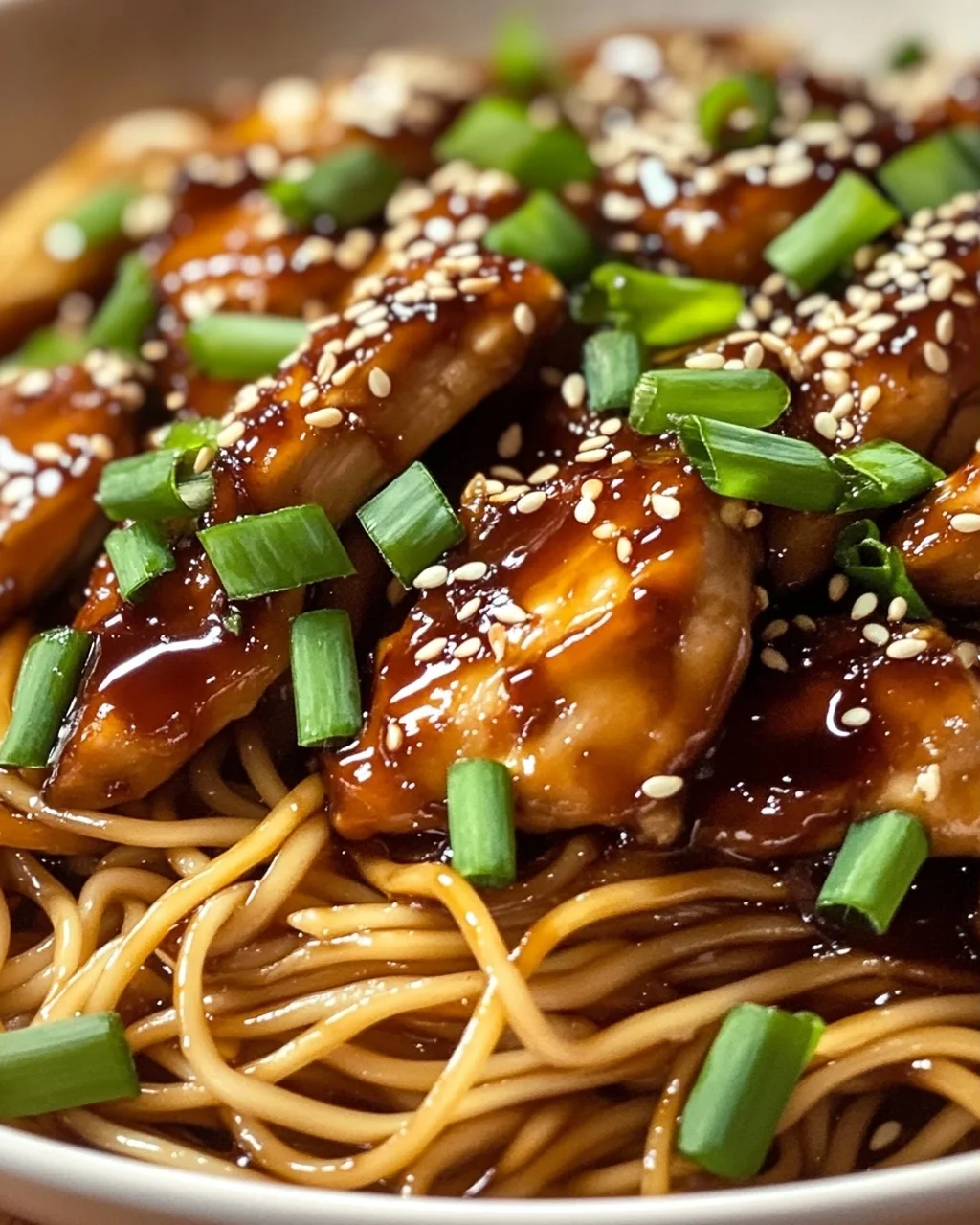 Leckere Hähnchen Teriyaki Nudeln mit Sesam & Frühlingszwiebeln