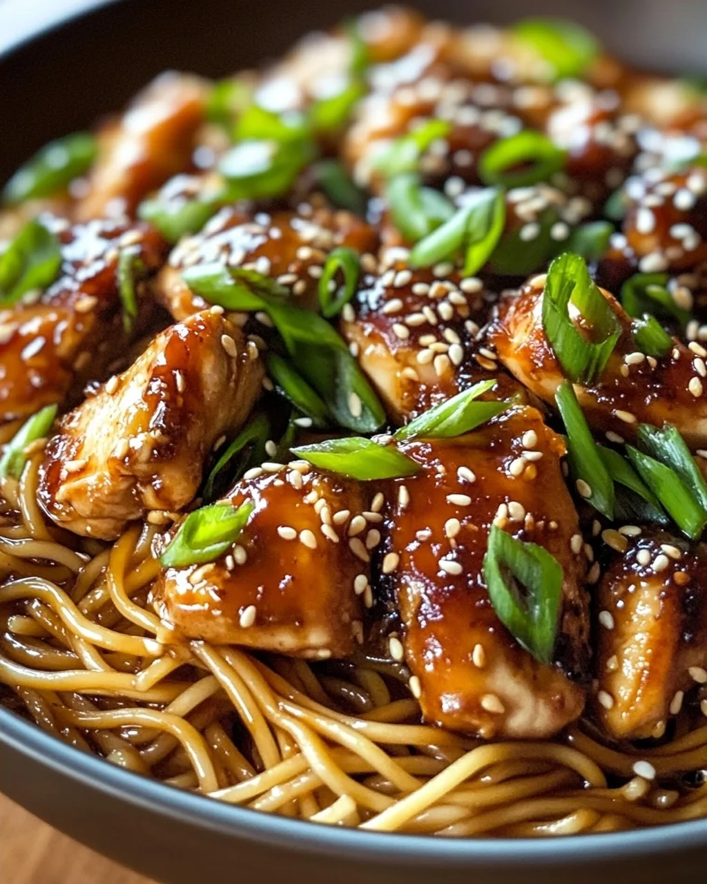 Leckere Hähnchen Teriyaki Nudeln mit Sesam & Frühlingszwiebeln