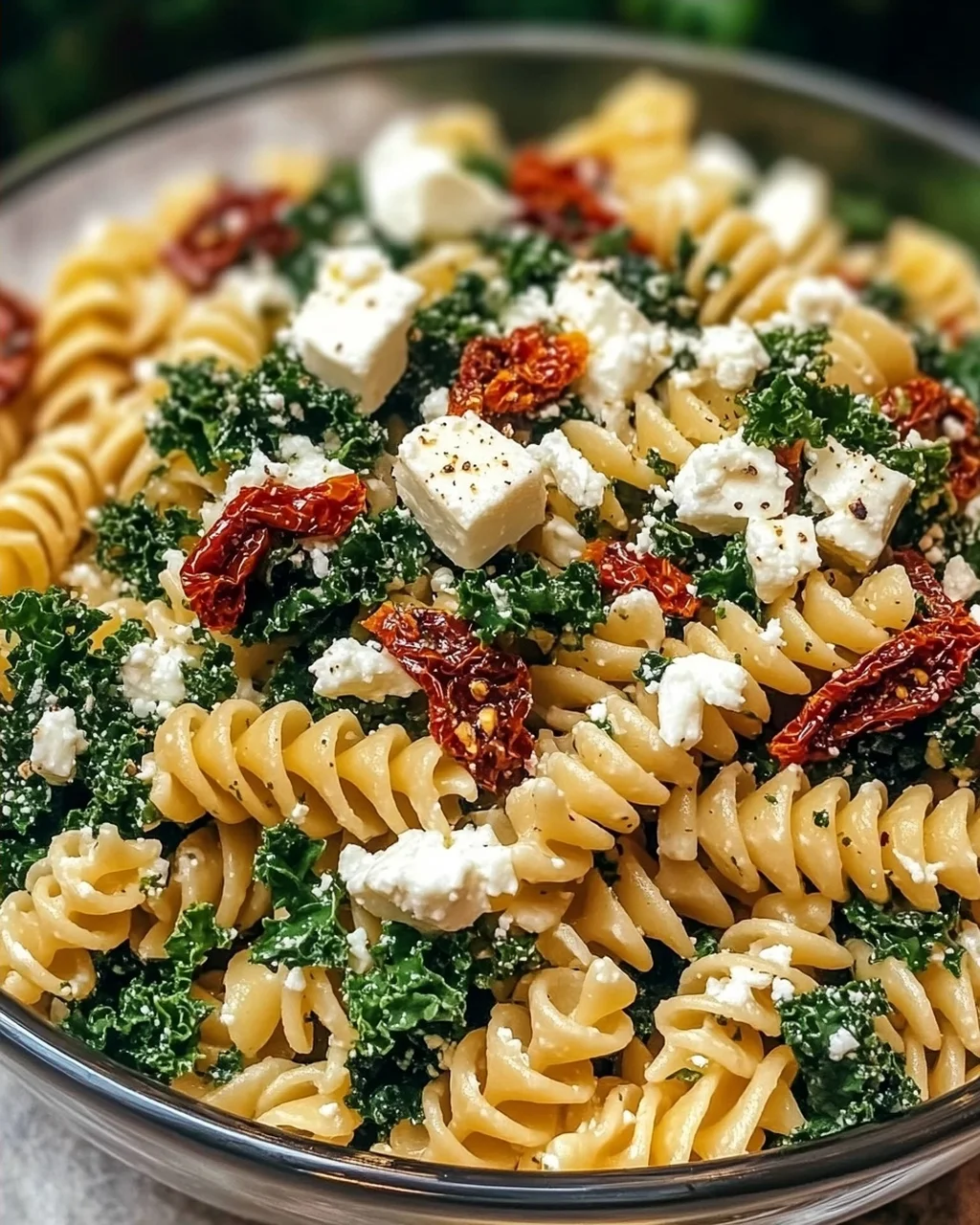 Mediterraner Nudelsalat mit Grünkohl und Feta