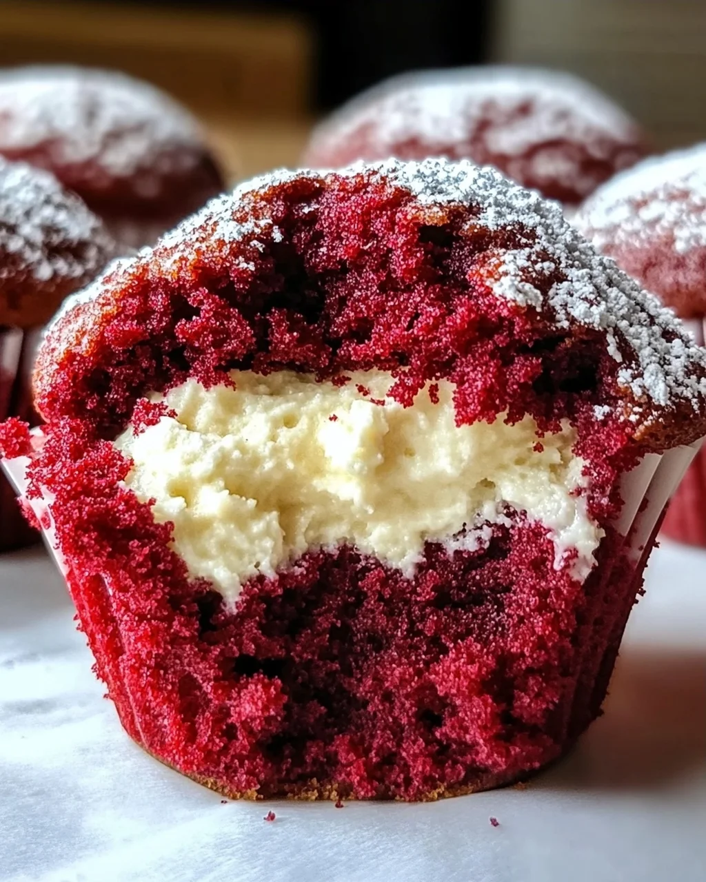 Rote Samtmuffins mit Frischkäsefüllung genießen