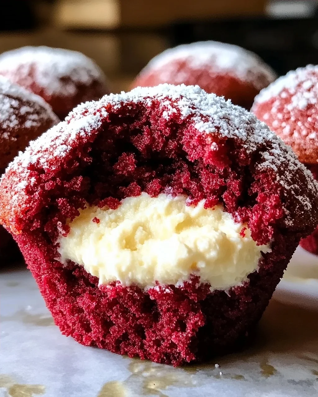 Rote Samtmuffins mit Frischkäsefüllung genießen