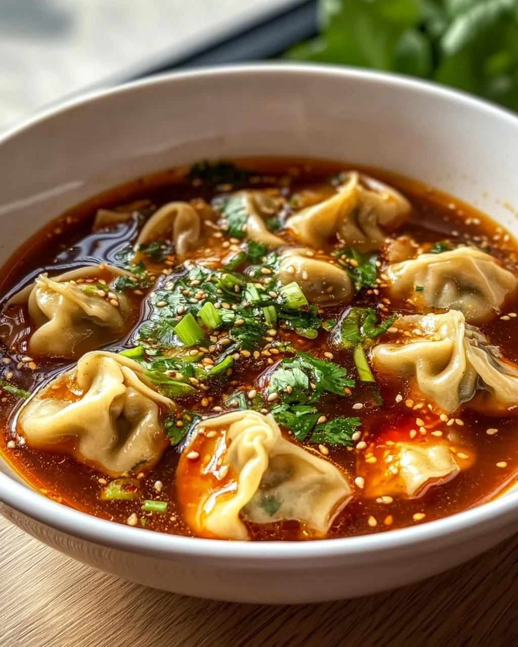 Scharfe Sichuan Wonton Suppe mit feuriger Chili-Knoblauch-Sauce