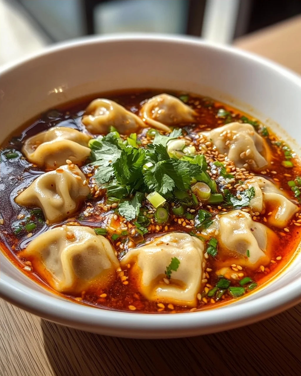 Scharfe Sichuan Wonton Suppe mit feuriger Chili-Knoblauch-Sauce