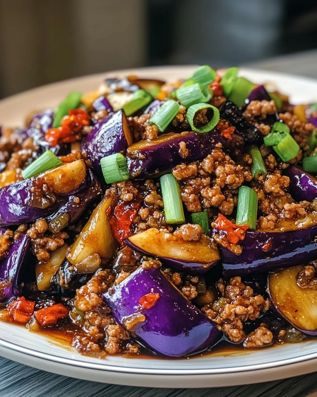 Scharfe Szechuan-Auberginen-Pfanne mit Rinderhackfleisch