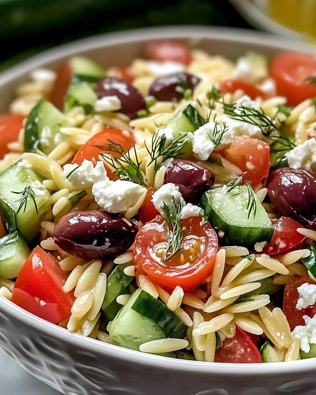 Schneller mediterraner Orzo-Pasta-Salat für heiße Tage