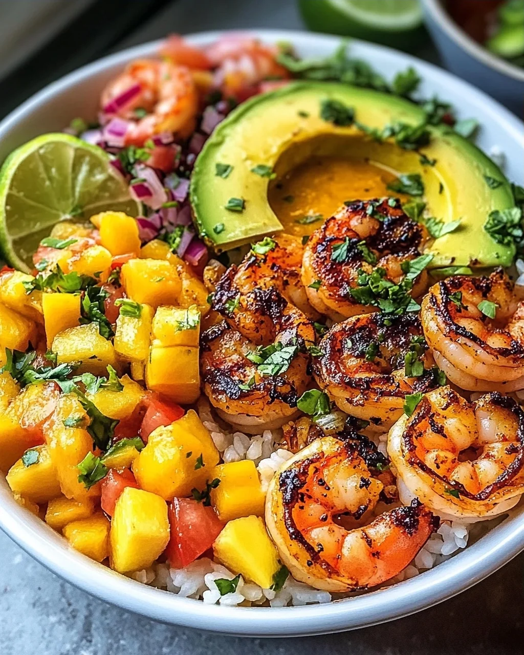 Shrimp-Avocado-Bowls mit Mango-Salsa und Limetten-Chili-Sauce