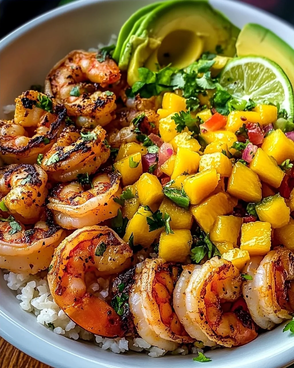 Shrimp-Avocado-Bowls mit Mango-Salsa und Limetten-Chili-Sauce