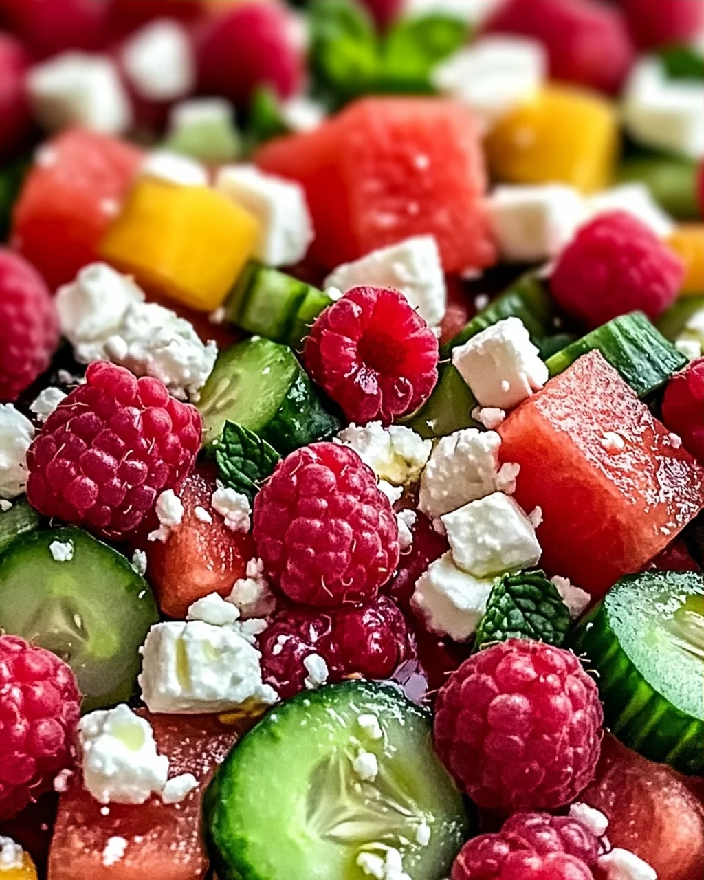 Sommersalat mit Melone, Gurke und Himbeeren