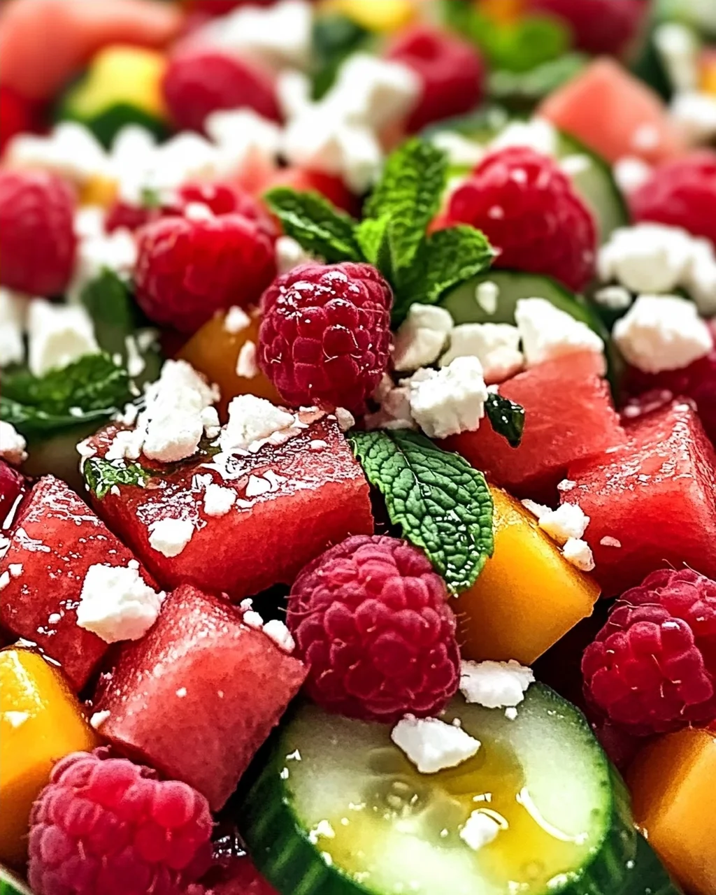 Sommersalat mit Melone, Gurke und Himbeeren