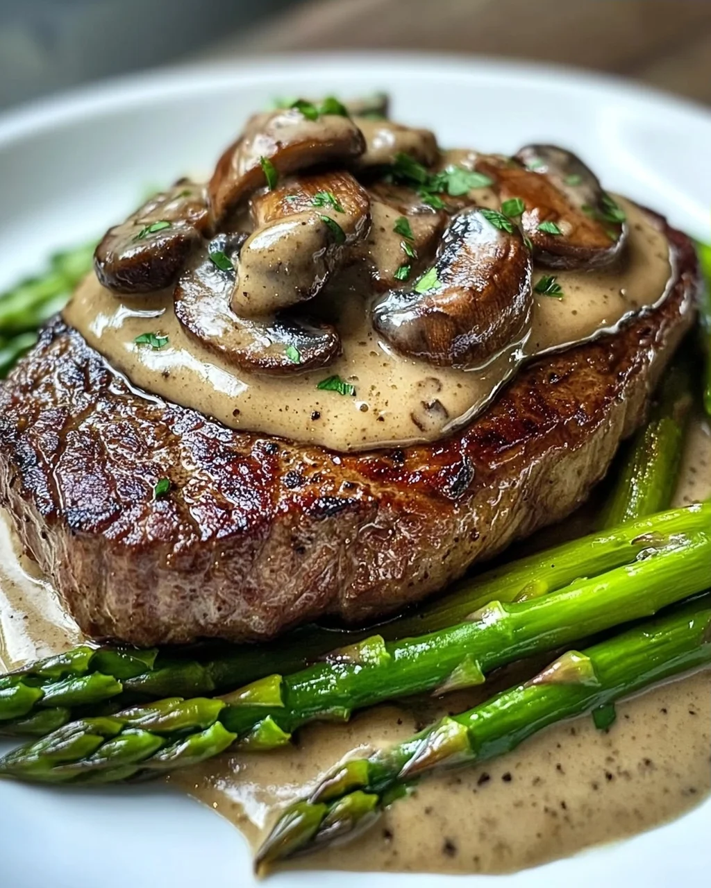 Steak mit cremiger Pilzsauce und Spargel genießen