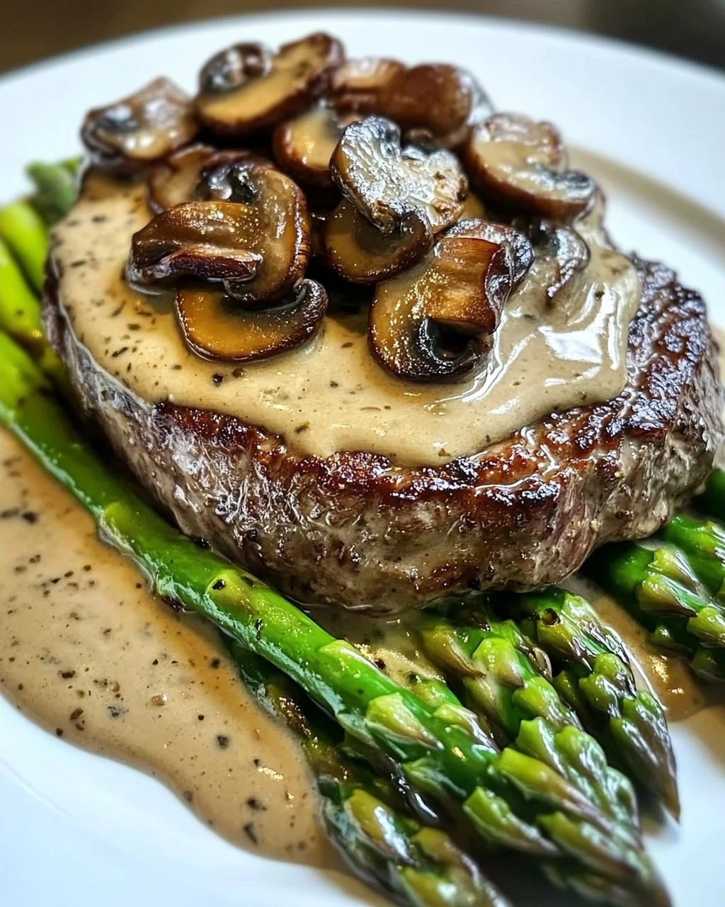 Steak mit cremiger Pilzsauce und Spargel genießen