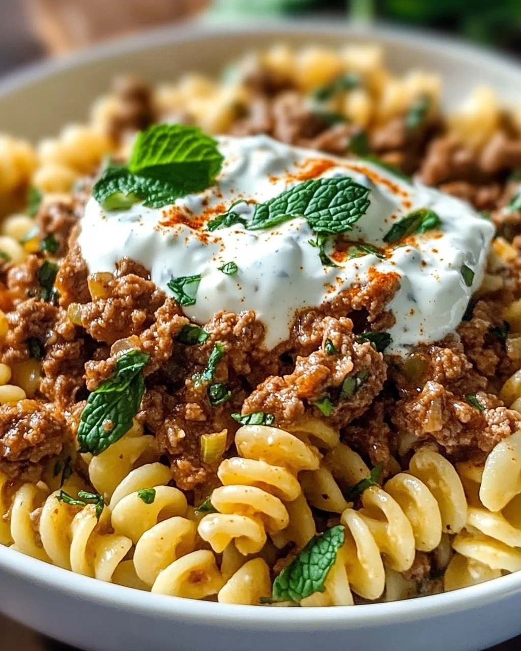 Türkische Pasta mit Hackfleisch und Joghurt-Sauce