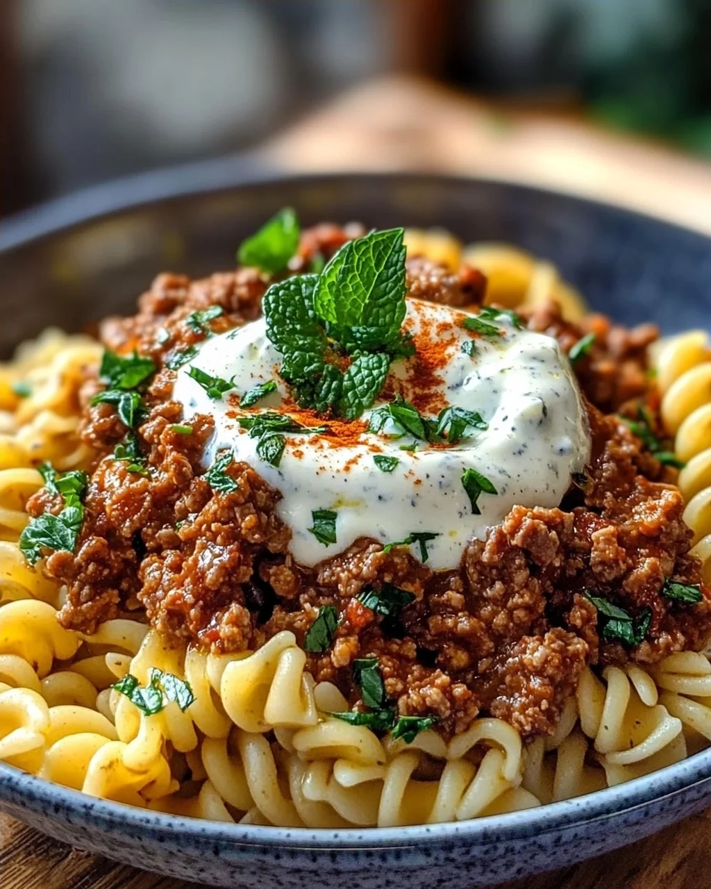 Türkische Pasta mit Hackfleisch und Joghurt-Sauce