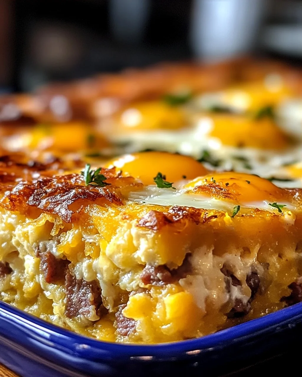 Wurst Eier und Frischkäse Rösti Auflauf für Frühstücksfreunde
