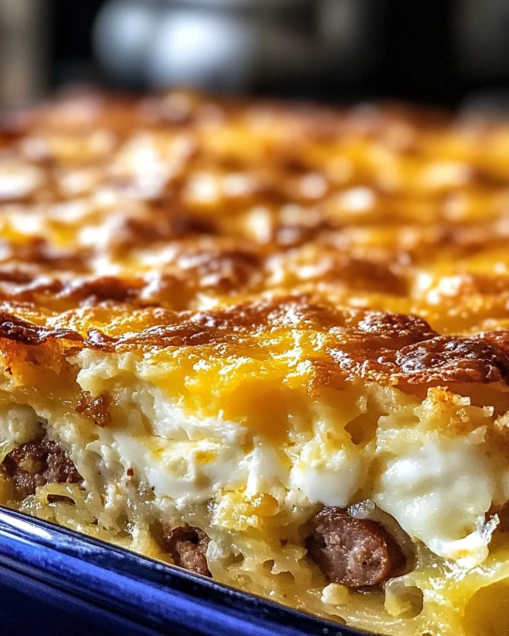 Wurst Eier und Frischkäse Rösti Auflauf für Frühstücksfreunde