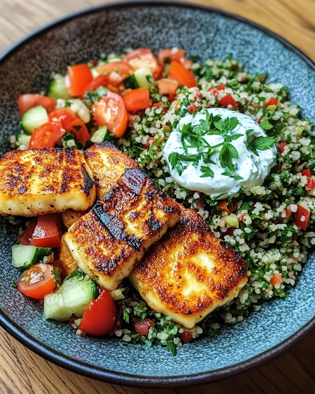 Würziger Halloumi mit Tabbouleh und Minzjoghurt