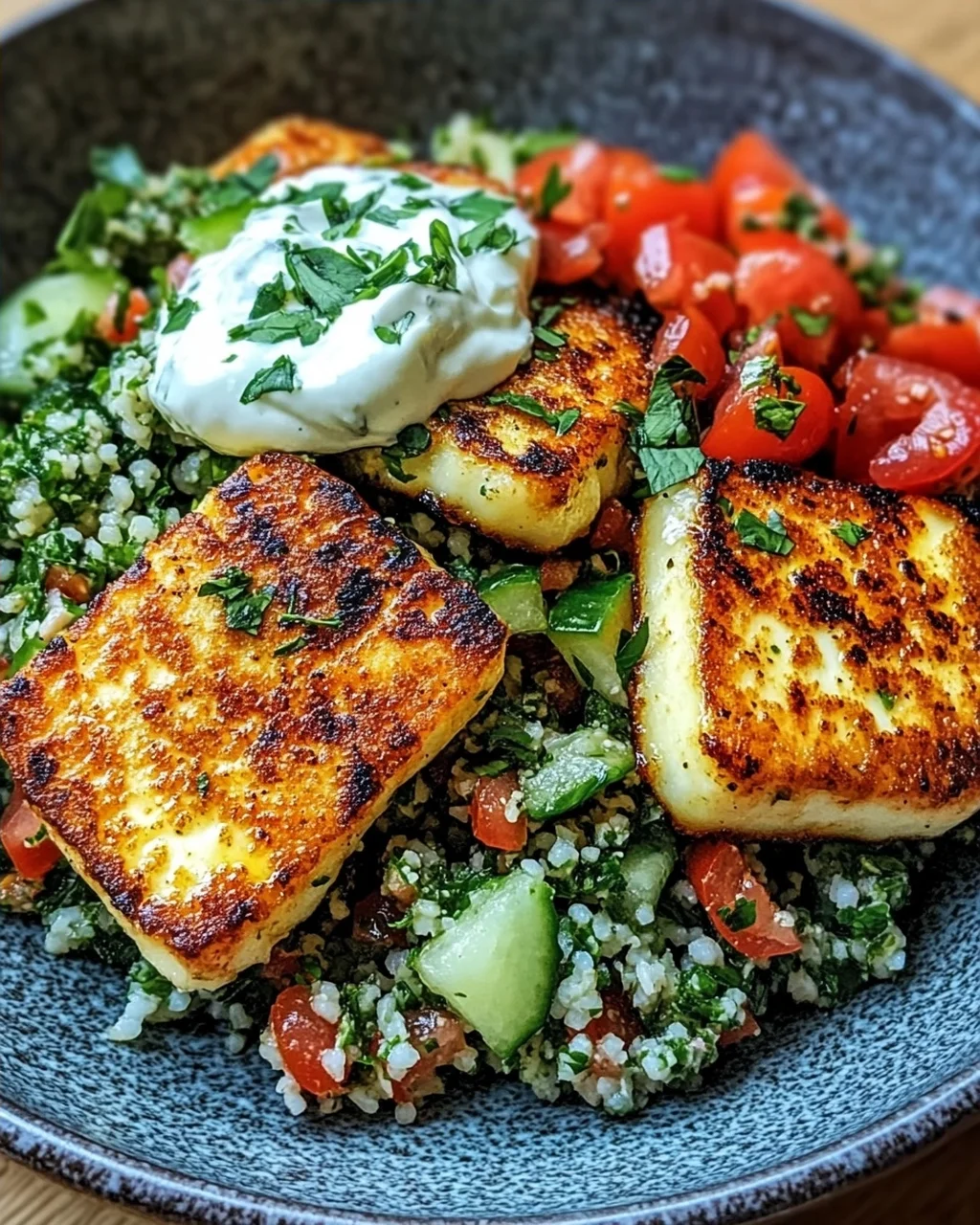 Würziger Halloumi mit Tabbouleh und Minzjoghurt