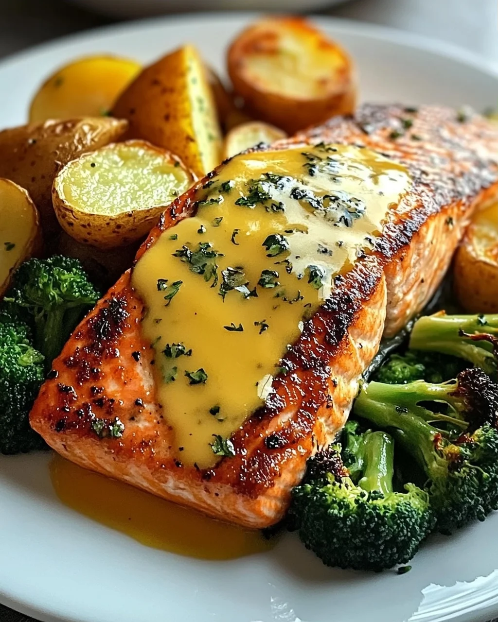 Zitronenbutterlachs mit knusprigen Kartoffeln und Brokkoli