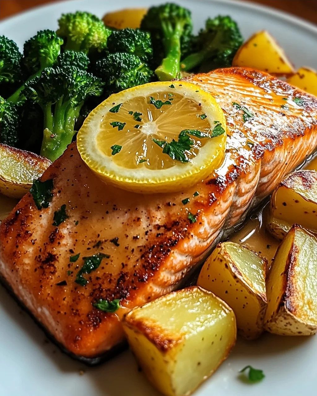 Zitronenbutterlachs mit knusprigen Kartoffeln und Brokkoli
